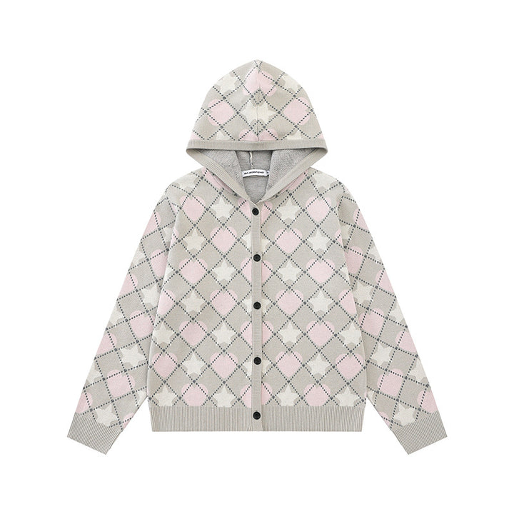 Damen Strick-Kapuzenjacke mit Rautenjacquard und Knopfleiste Drune