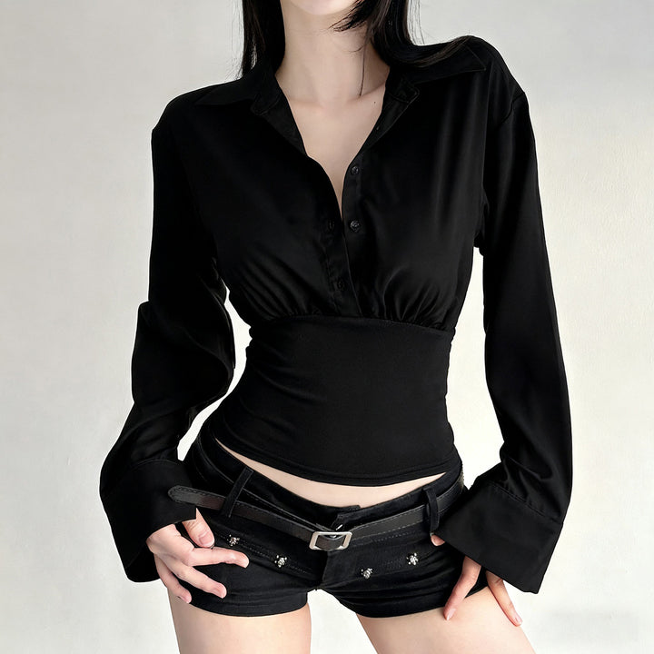 Damen nan taillierte Cropped-Bluse mit Hemdkragen und breitem Stretchbund Drune