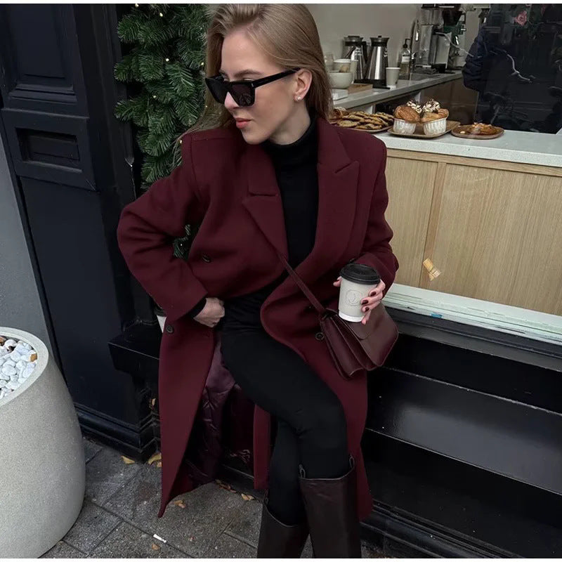 Damen nan taillierter Longcoat im Zweireiher mit Schalkragen und Pattentaschen Drune