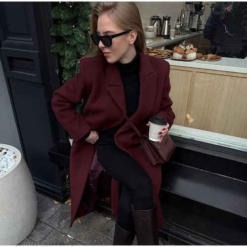Damen nan taillierter Longcoat im Zweireiher mit Schalkragen und Pattentaschen Drune