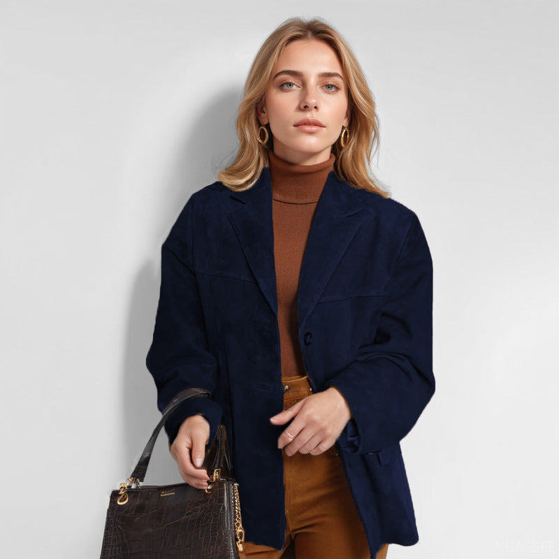 Damen nan weit geschnittene Wildlederjacke mit Reverskragen und aufgesetzten Taschen Drune