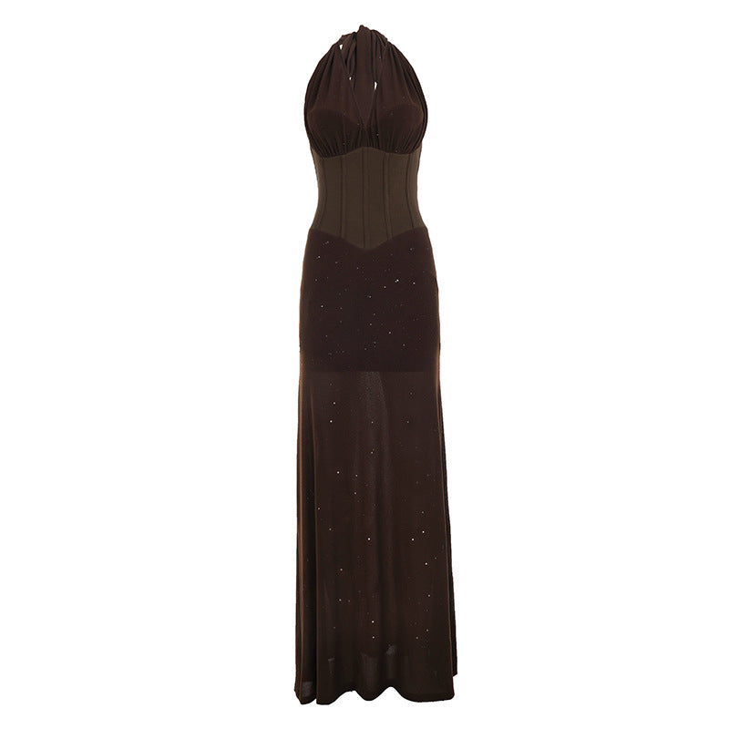 Damen elegantes Abendkleid mit tiefem V-Ausschnitt und Rüschendetails Drune