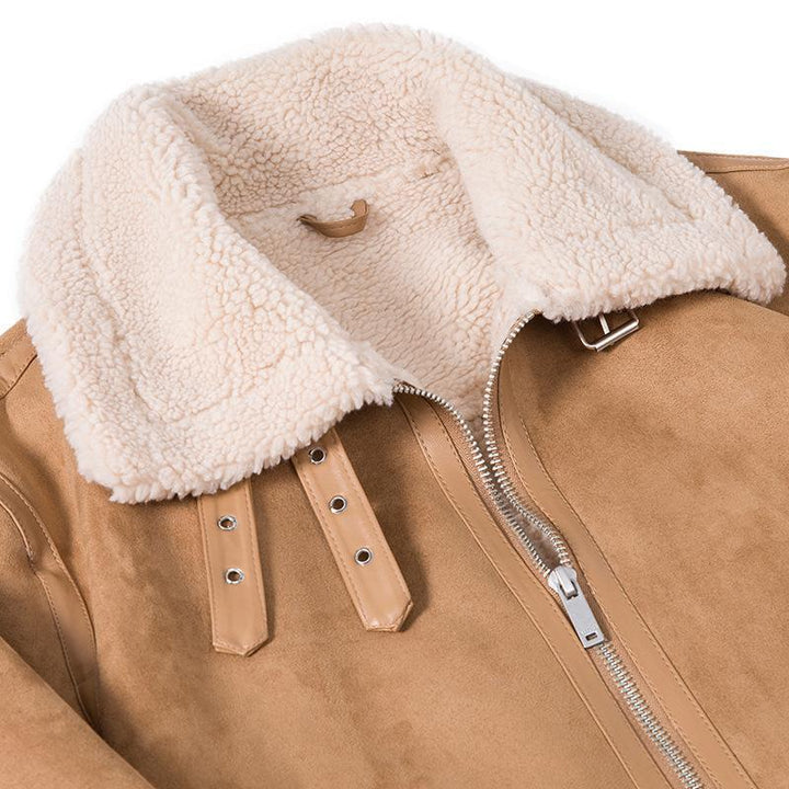 Herren Lammfelloptik Pilotenjacke mit Teddyfutter und Lederbesatz Drune