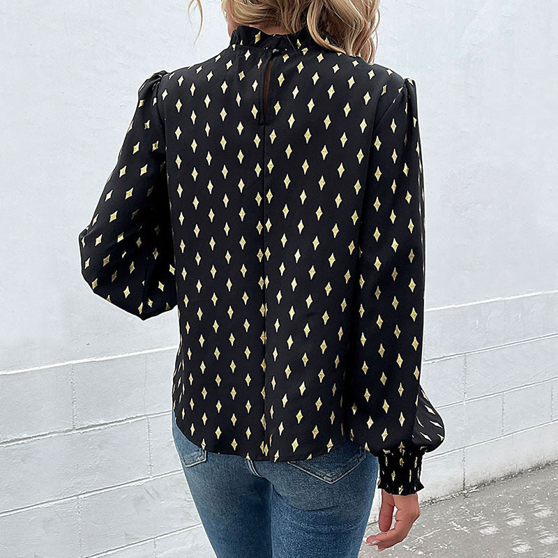 Damen Elegante Bluse mit Rüschen und Diamantenmuster Drune
