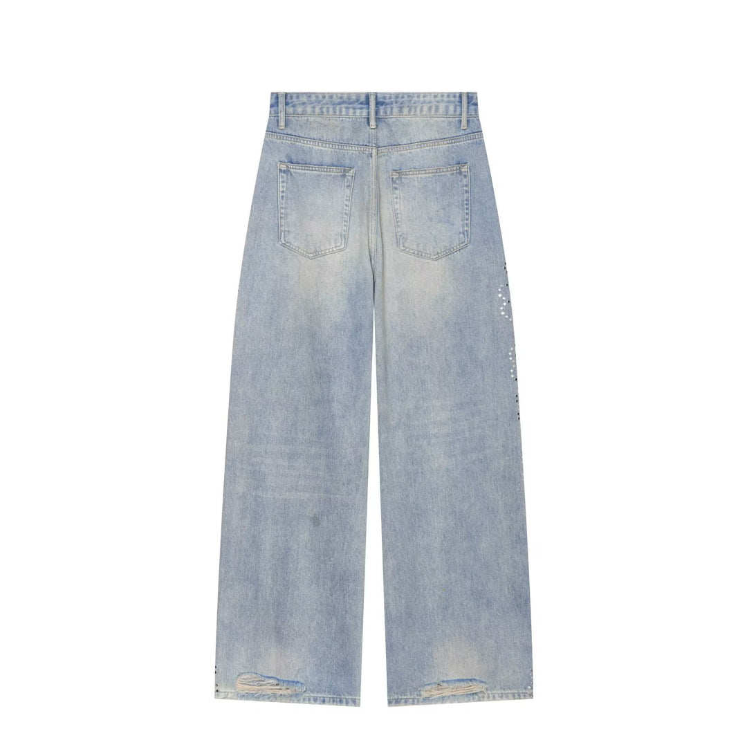Damen High Waist Jeans mit weitem Bein, Destroyed-Details und Nietenapplikation Drune