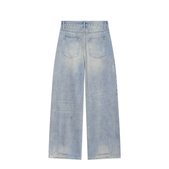 Damen High Waist Jeans mit weitem Bein, Destroyed-Details und Nietenapplikation Drune