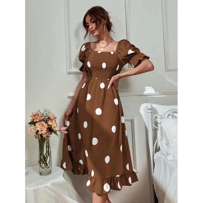 Damen Off-Shoulder Midi-Kleid mit Rüschensaum und Punkte-Design Drune