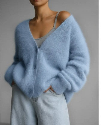 Damen Flauschige Mohair-Optik Strickjacke mit V-Ausschnitt und Oversize-Schnitt Drune