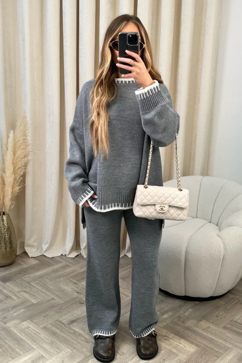 Damen oversized Strickset mit kontrastierenden Ziernähten Drune