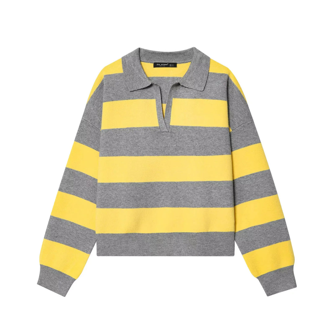 Damen nan gestreifter Rugby-Pullover mit Polokragen, V-Ausschnitt und kastiger Oversize-Silhouette Drune