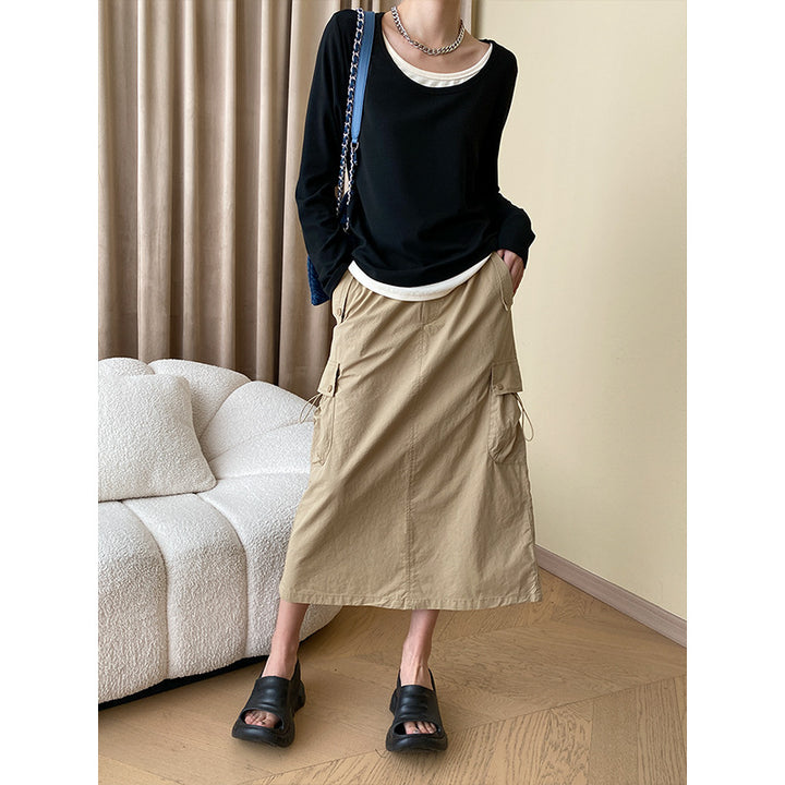 Damen lässiger Longsleeve mit großzügigem Rundhalsausschnitt und elegantem Untertop Drune