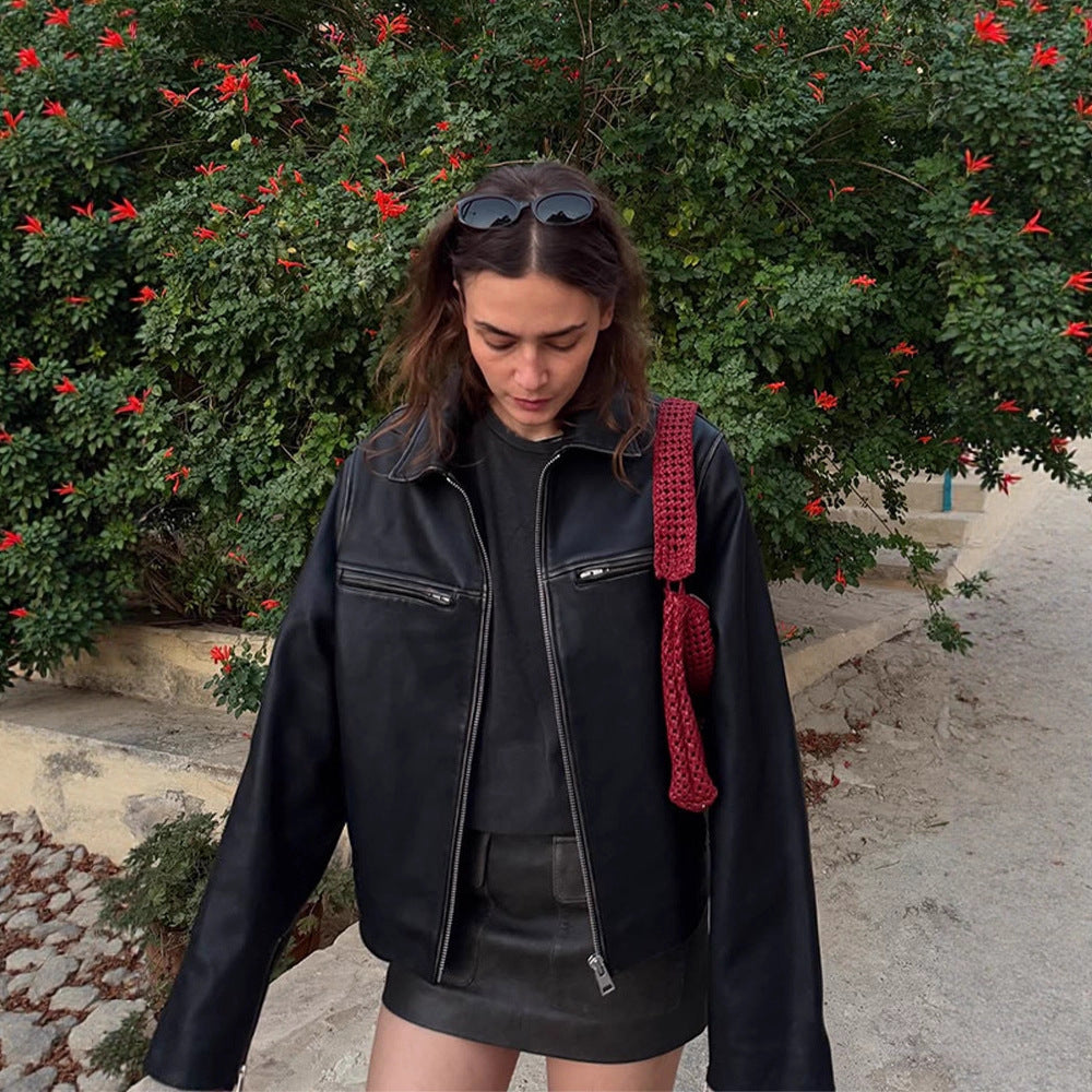 Damen Boxy-Lederimitatjacke mit zweifachem Reißverschluss und Brustzippern Drune
