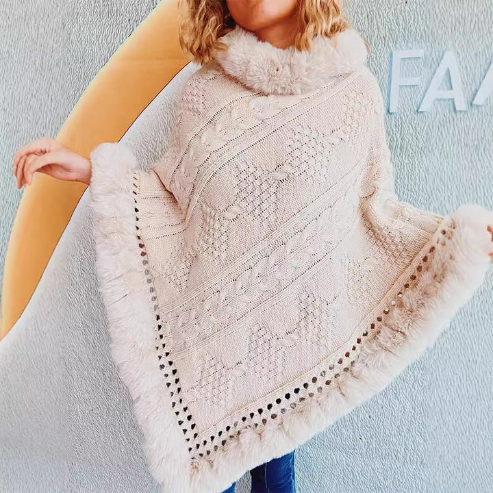 Damen Strickponcho mit weichem Fellkragen und dekorativen Zopfmustern Drune