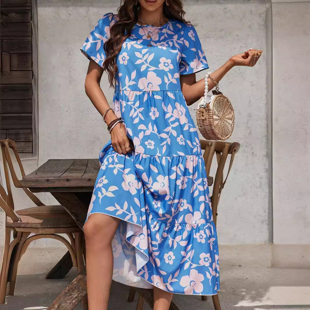 Damen nan luftiges Stufenmidikleid mit hoher Taillennaht, kurzem Ärmel und durchgehendem Blumenmuster Drune