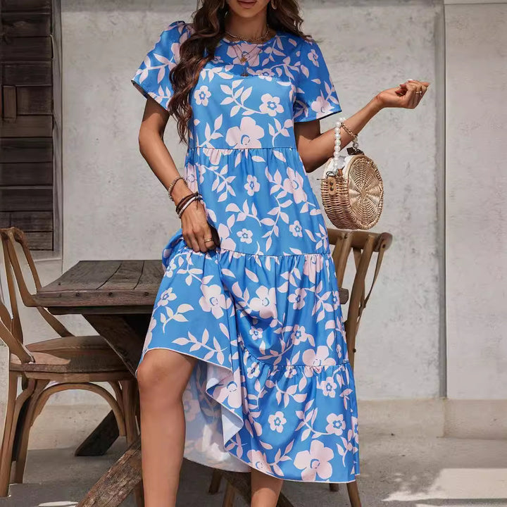 Damen nan luftiges Stufenmidikleid mit hoher Taillennaht, kurzem Ärmel und durchgehendem Blumenmuster Drune