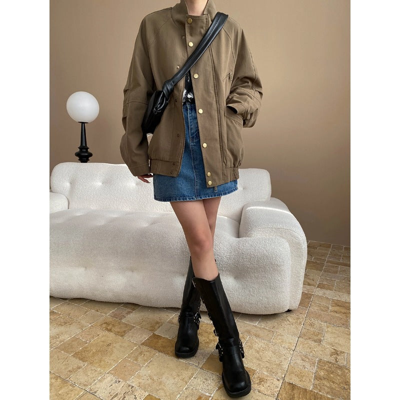 Damen lässige Übergangsjacke mit Druckknöpfen und praktischem Design Drune