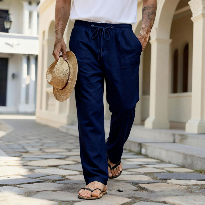 Herren leichte Leinenhose mit elastischem Bund und Kordelzug Drune