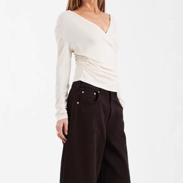Damen Figurbetontes Wickelshirt mit V-Ausschnitt und Raffung Drune