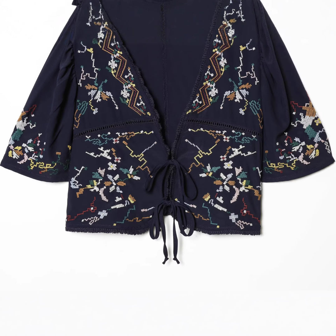Damen Bestickte Kimono‑Bluse mit Bindebändern und Zierhäkelkante Drune