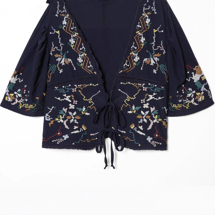 Damen Bestickte Kimono‑Bluse mit Bindebändern und Zierhäkelkante Drune