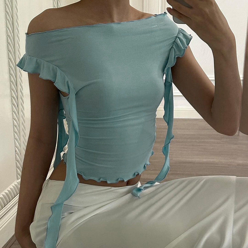 Damen Off-Shoulder Oberteil mit Rüschendetails und figurbetonter Passform Drune