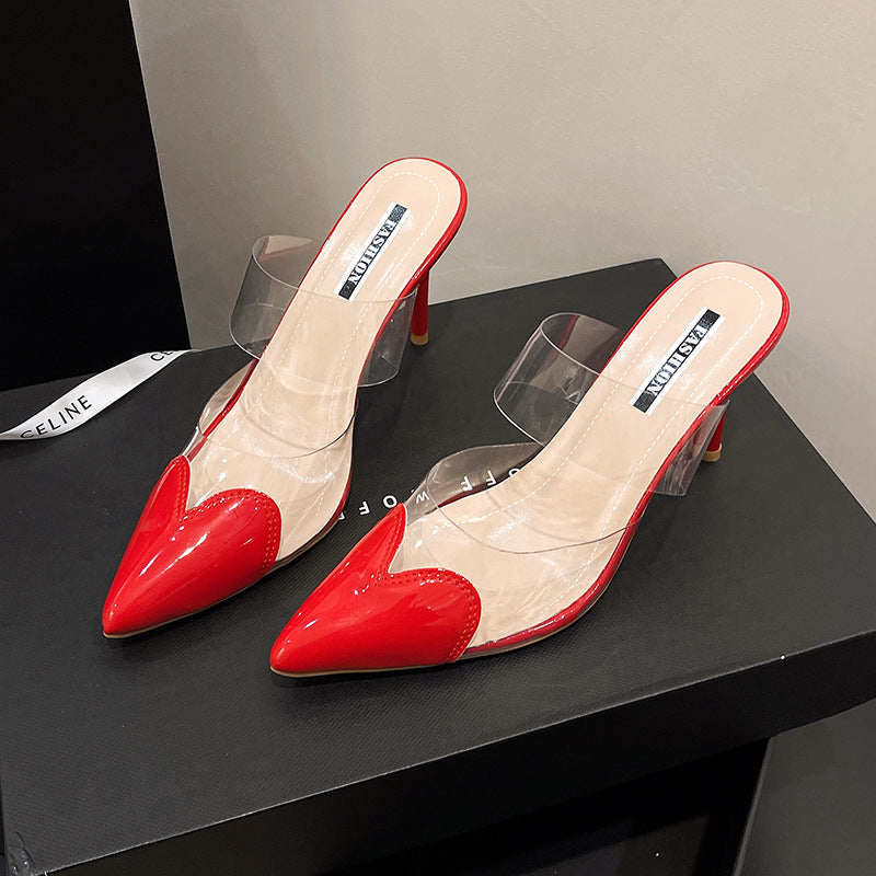 Damen Elegante spitze Mule-Pumps mit transparenten PVC-Riemen und Lackapplikationen Drune