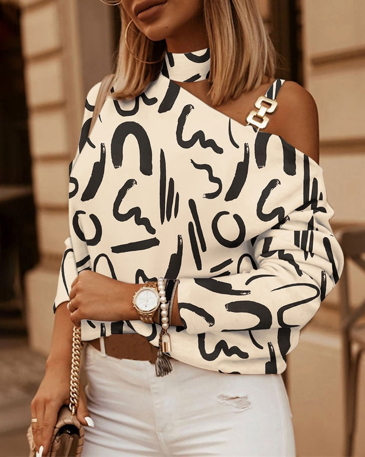 Damen asymmetrisches Off-Shoulder Langarmshirt mit Choker-Kragen und Schulterträgern Drune