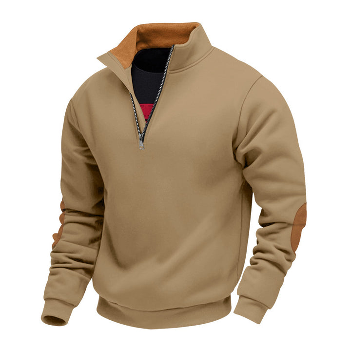 Herren nan Sweatshirt mit Halb-Reißverschluss, Stehkragen und Wildleder-Ellenbogenbesatz Drune