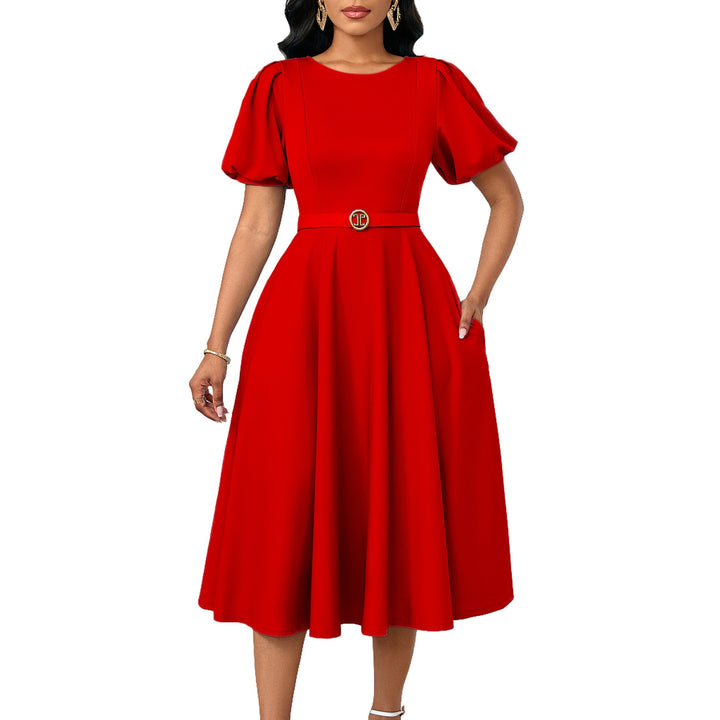 Damen Midi-Kleid mit Puffärmeln und tailliertem Gürtel Drune