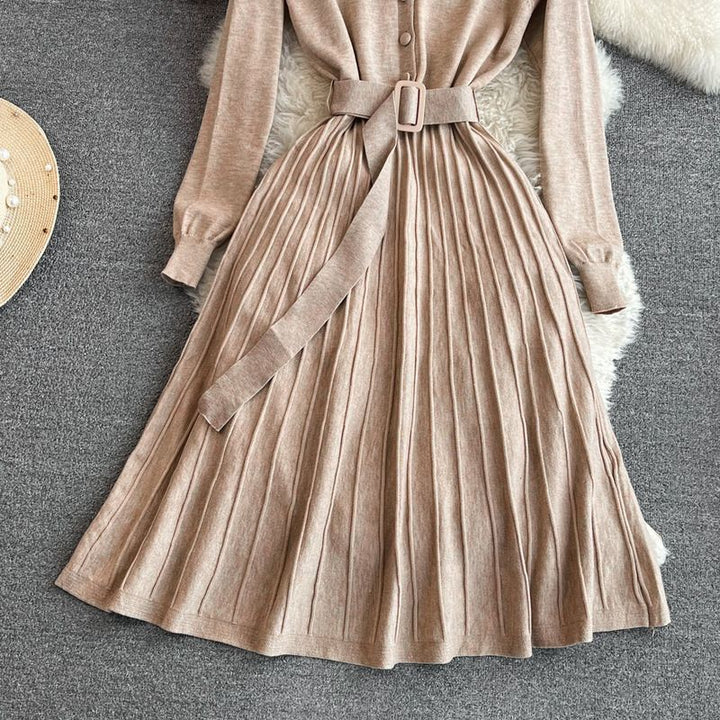 Damen Plissiertes Kleid mit Gürtel und V-Ausschnitt Drune