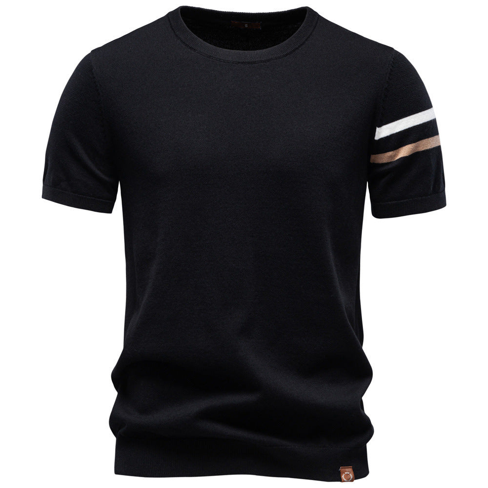 Herren nan feines Baumwollstrickshirt mit Rundhalsausschnitt kurzärmelig und kontrastierenden Ärmelstreifen Drune
