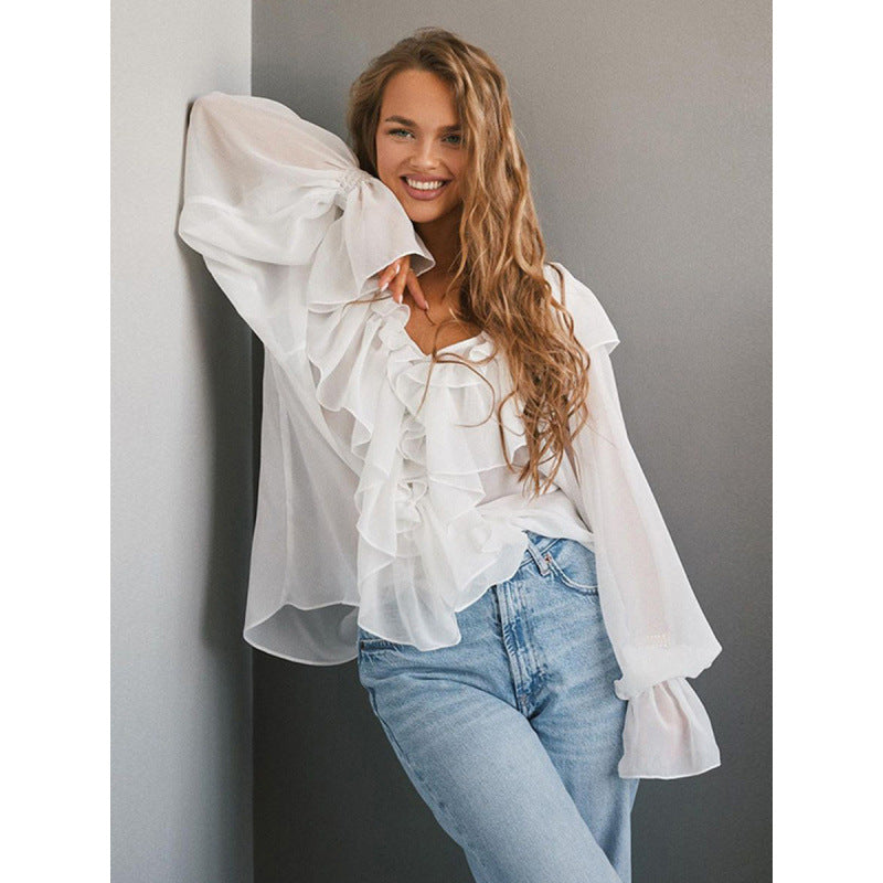 Damen Luftige Rüschenbluse aus Chiffon mit Oversize-Schnitten Drune