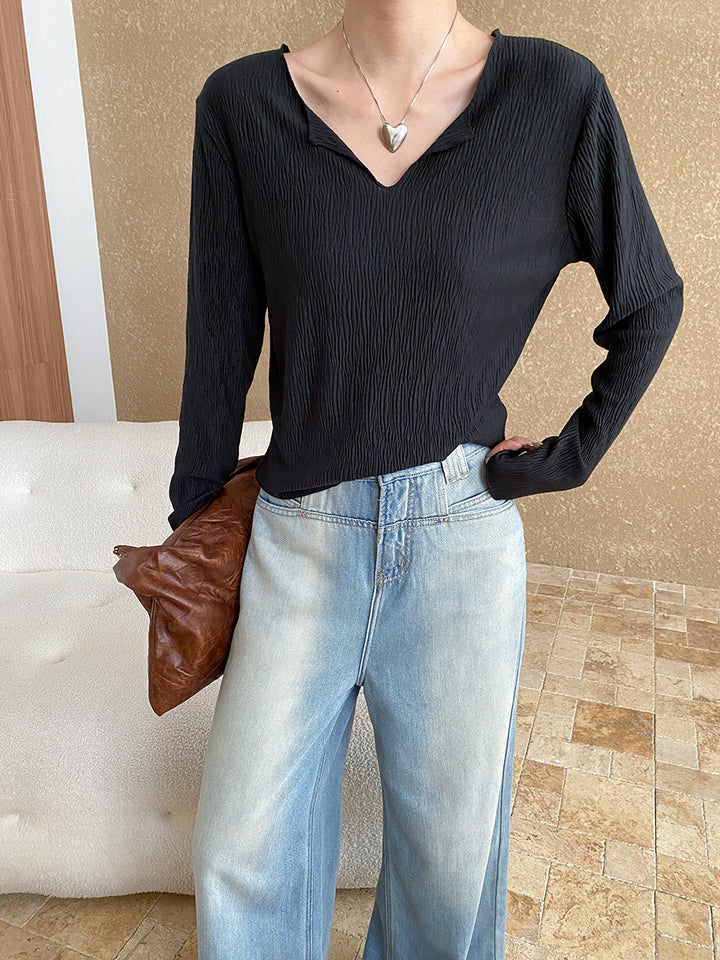 Damen Elegantes Longsleeve-Oberteil mit V-Ausschnitt und feiner Textur Drune