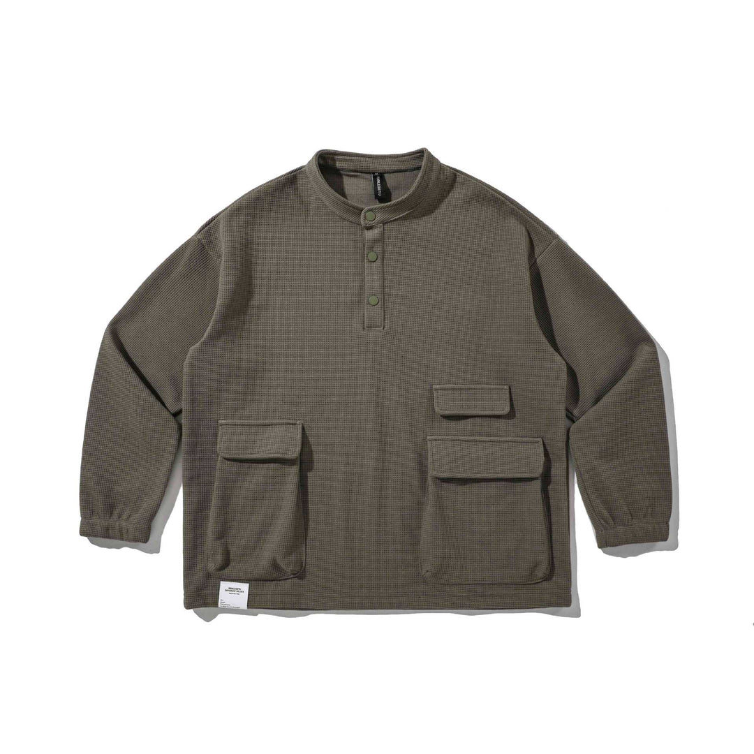 Herren Waffelstrick-Henley-Pullover mit Stehkragen, Druckknopfleiste und großen Utility-Taschen Drune