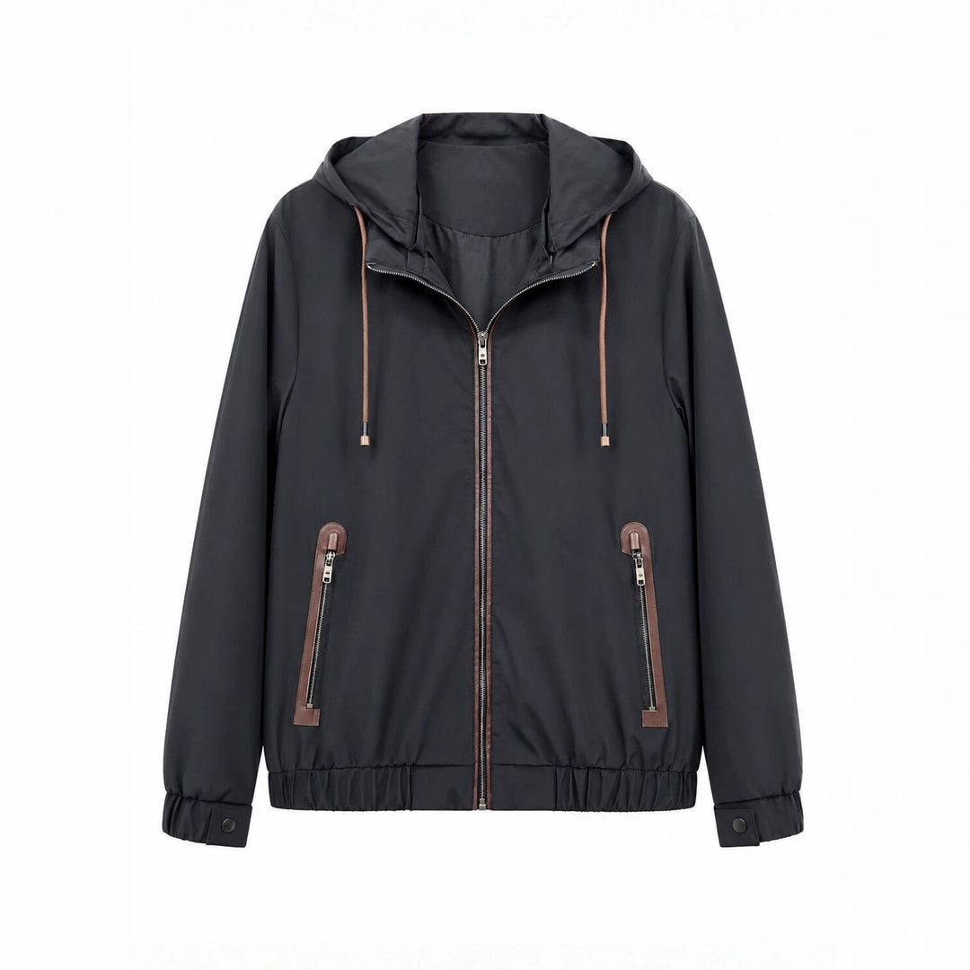 Herren Leichte Softshell‑Hoodiejacke mit wasserabweisender Außenlage, Lederapplikationen und Reißverschlusstaschen Drune