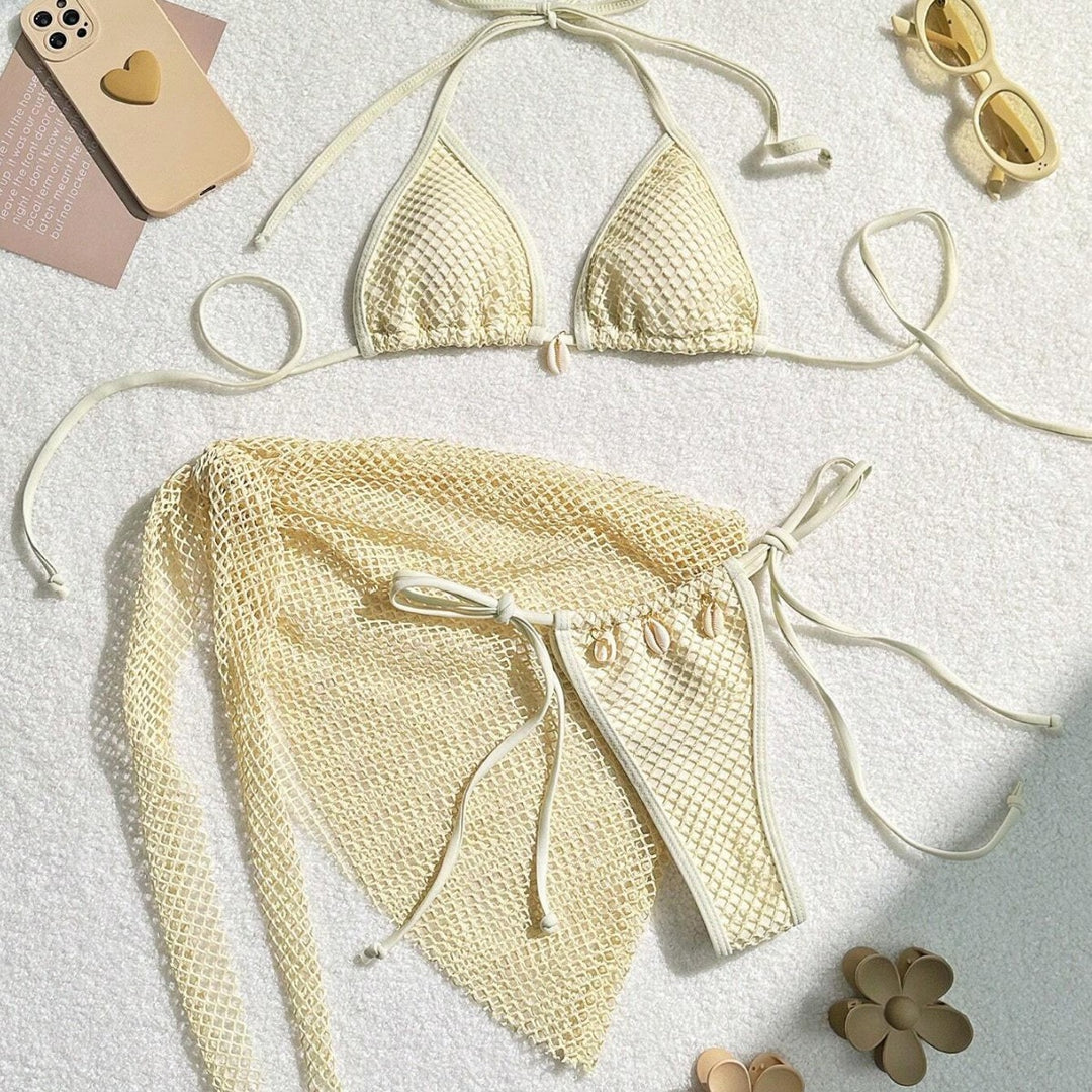 Damen Triangel-Bikini mit transparentem Netzgewebe und Schnürdetails Drune
