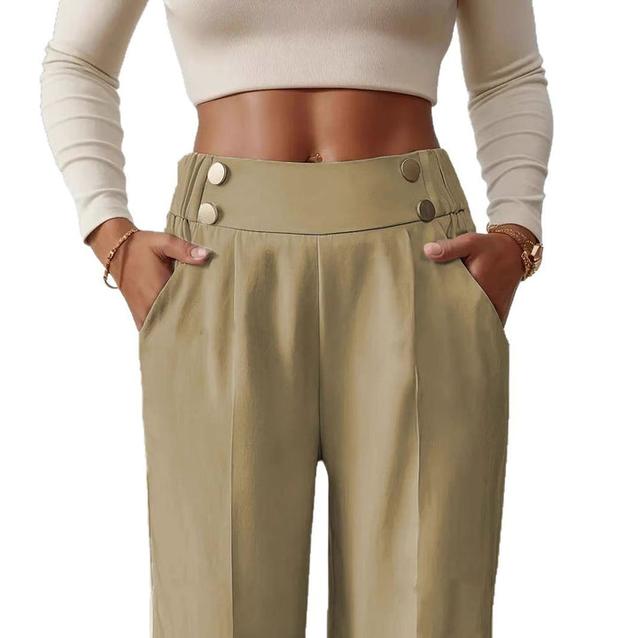 Damen Hochtaillierte weite Marlene-Hose mit Zierknopf-Bund und Bügelfalte Drune