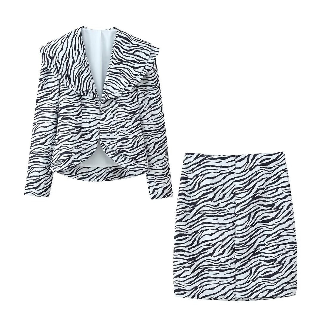 Damen Kurzblazer mit übergroßem Schalkragen und Zebra-Print Drune