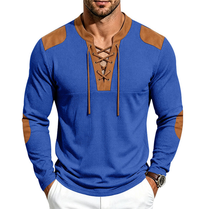 Herren Langarm-Waffelshirt mit Schnürkragen und Kunstlederapplikationen Drune