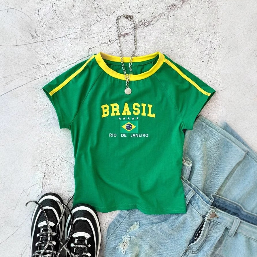Damen T-Shirt mit kreativem Brasilien-Design und körperbetontem Schnitt Drune