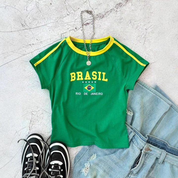Damen T-Shirt mit kreativem Brasilien-Design und körperbetontem Schnitt Drune