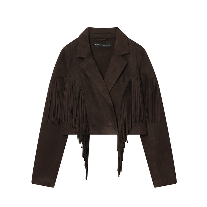 Damen nan kurze Wildlederjacke mit Reverskragen, kastigem Cropped‑Schnitt und dekorativen Fransen Drune