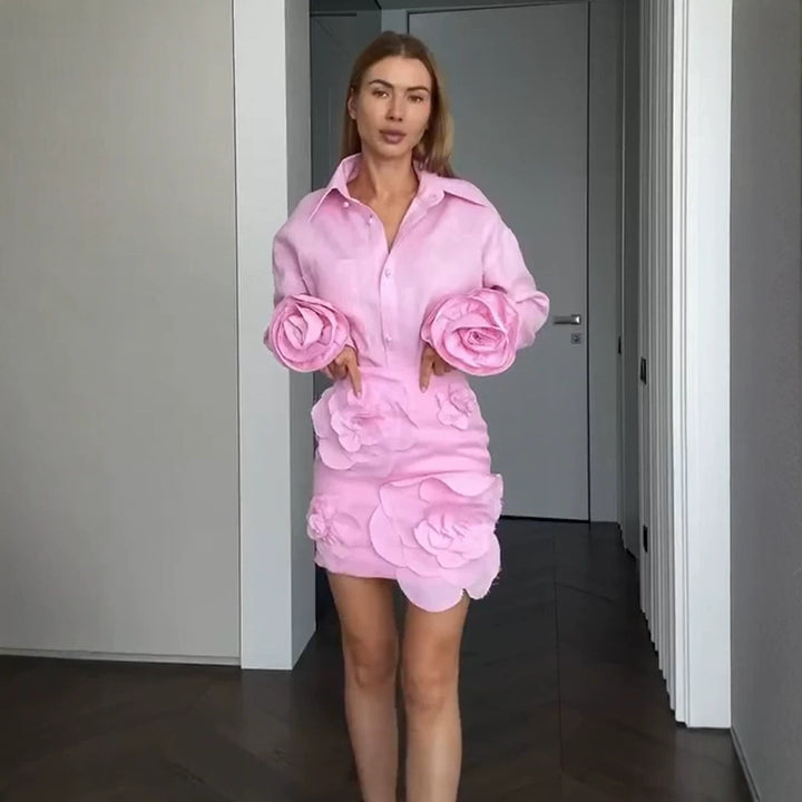 Damen Hemdblusen-Minirock-Set mit voluminösen 3D-Rosenapplikationen und Perlendetails Drune