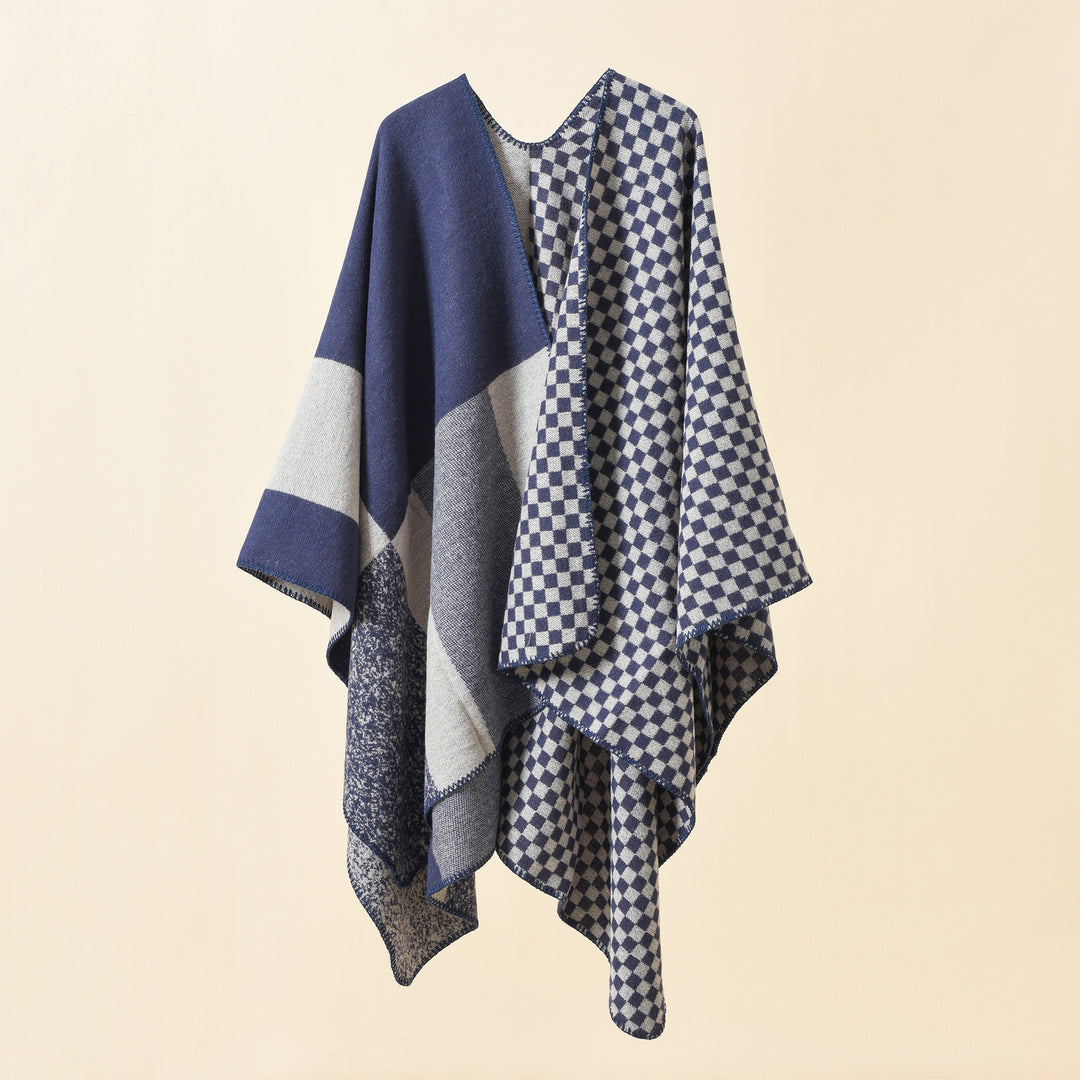 Damen Wendbarer Karomuster-Capeponcho aus Wollmix mit kastigem Oversize-Fall Drune