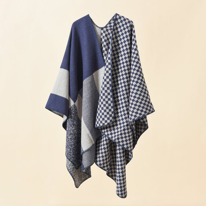 Damen Wendbarer Karomuster-Capeponcho aus Wollmix mit kastigem Oversize-Fall Drune