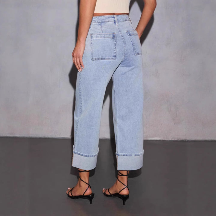 Damen nan Highwaist-Culotte-Jeans mit weitem Bein, aufgesetzten Fronttaschen und markantem Umschlagbund Drune
