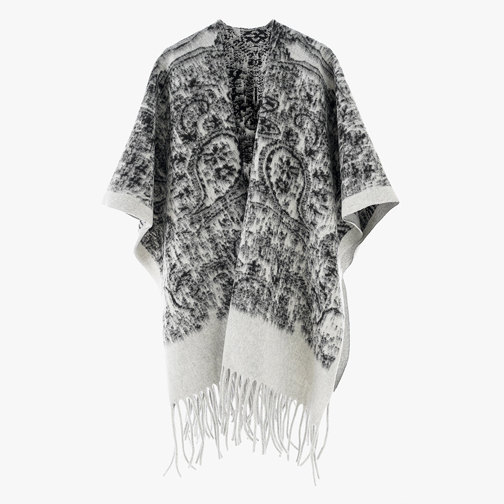 Damen Fransen-Cape im Kuschel-Wollmix mit strukturierter Vintage-Optik Drune