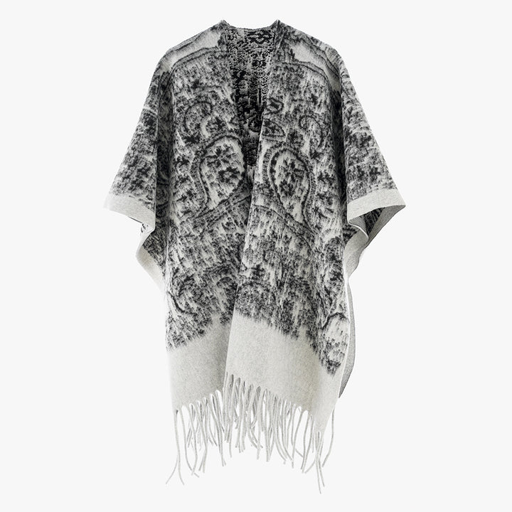 Damen Fransen-Cape im Kuschel-Wollmix mit strukturierter Vintage-Optik Drune
