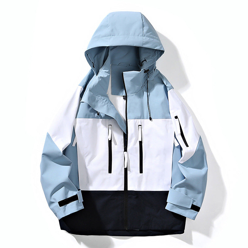 Herren Wasserabweisende Colorblock-Outdoorjacke mit Kapuze, Mehrfach-Reißverschlusstaschen und verstellbaren Bündchen Drune