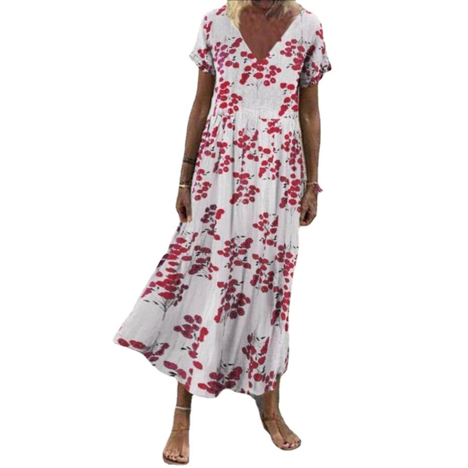 Damen nan V-Ausschnitt-Maxikleid mit feinem Faltenrock, Empire-Passe und Kurzarm Drune